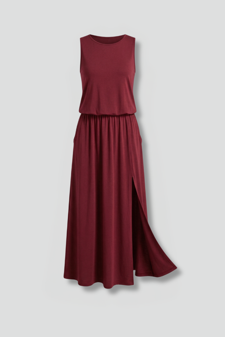 Vestido maxi de mulher com decote redondo sem mangas