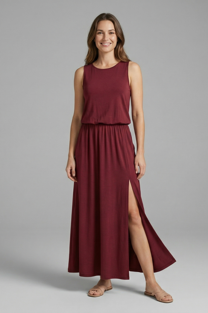 Vestido maxi de mulher com decote redondo sem mangas