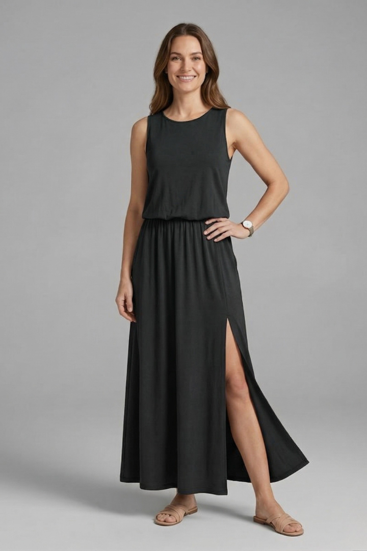 Vestito maxi donna con scollo rotondo e senza maniche