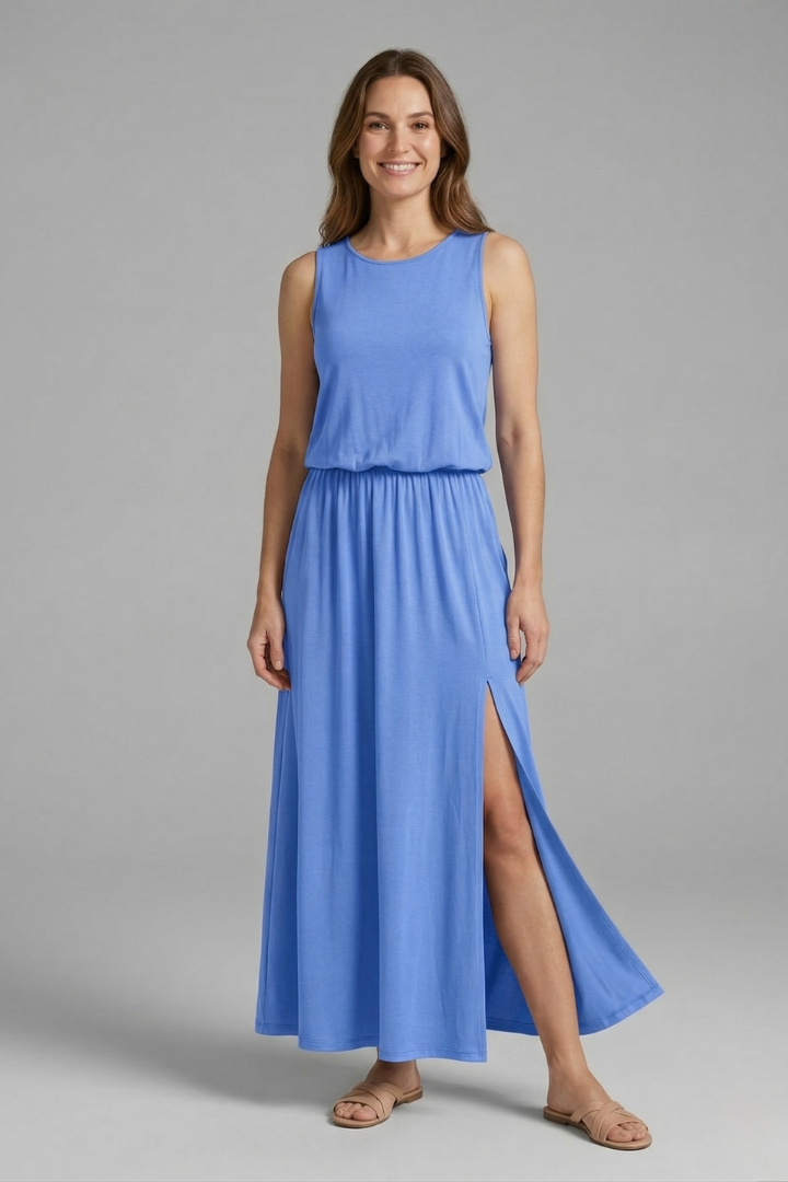 Vestito maxi donna con scollo rotondo e senza maniche