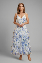 Robe maxi femme à volants superposés et fines bretelles