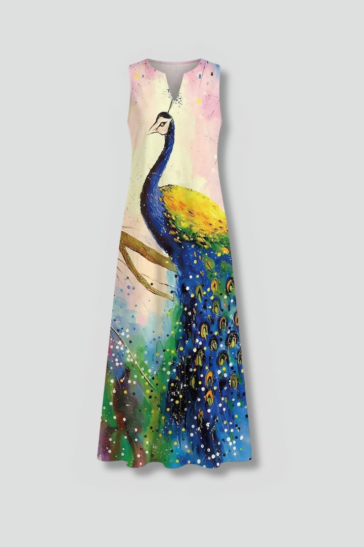 Rochie maxi de damă cu crăpătură la decolteu și croială fără mâneci
