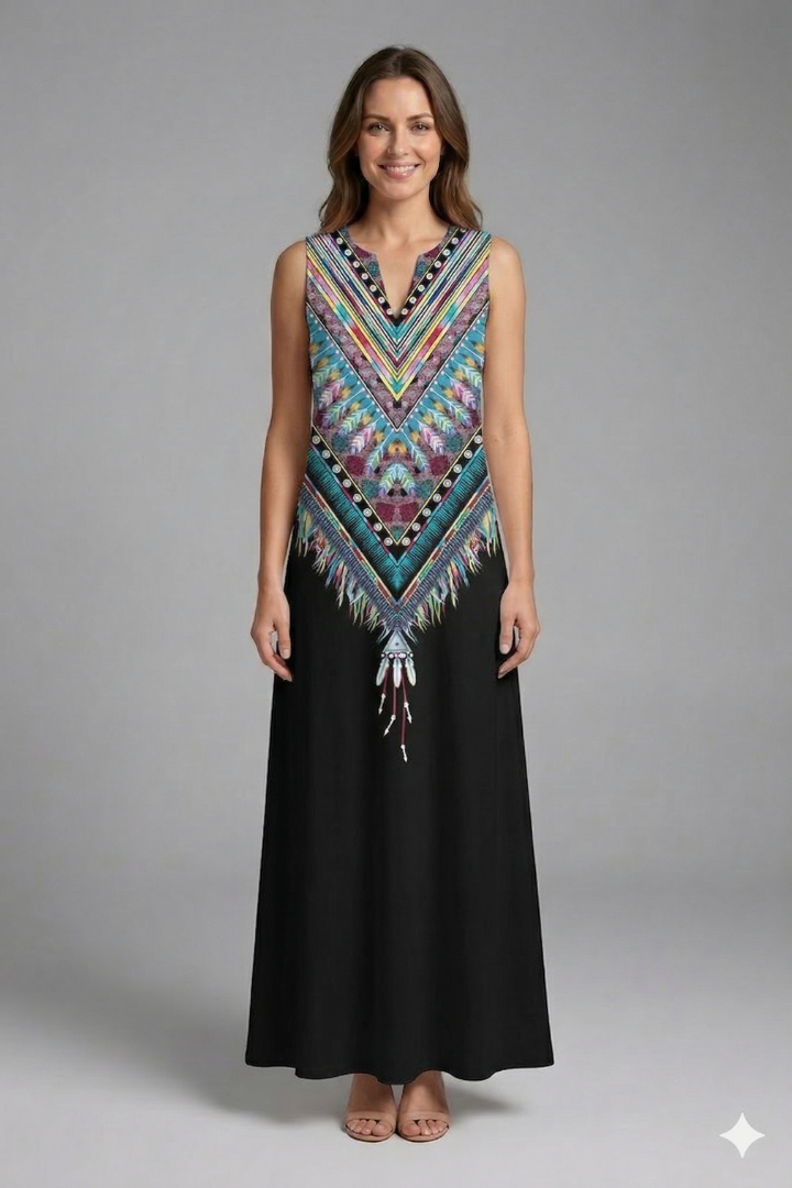 Rochie maxi de damă cu crăpătură la decolteu și croială fără mâneci