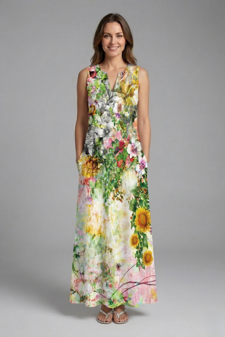 Vestito maxi donna con apertura allo scollo e taglio senza maniche