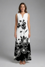 Rochie maxi de damă cu crăpătură la decolteu și croială fără mâneci