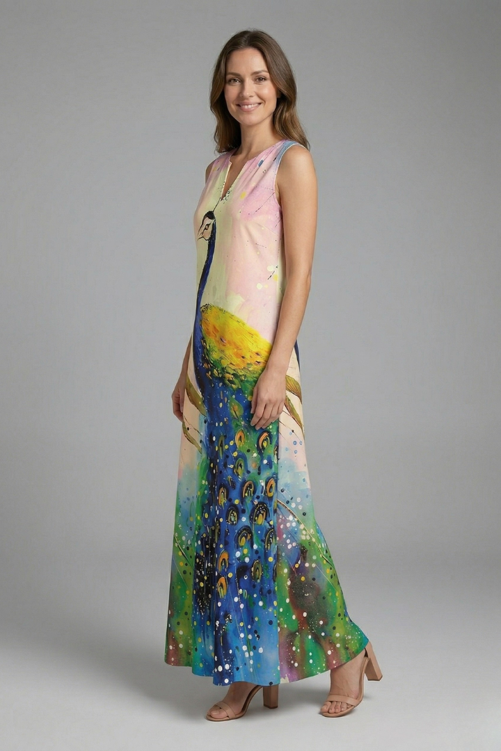 Vestito maxi donna con apertura allo scollo e taglio senza maniche