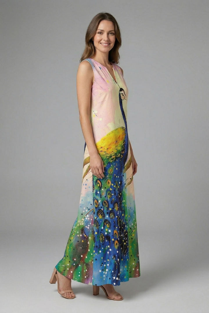 Rochie maxi de damă cu crăpătură la decolteu și croială fără mâneci