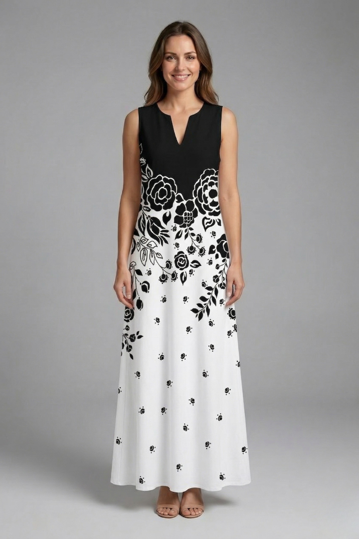 Vestito maxi donna con apertura allo scollo e taglio senza maniche
