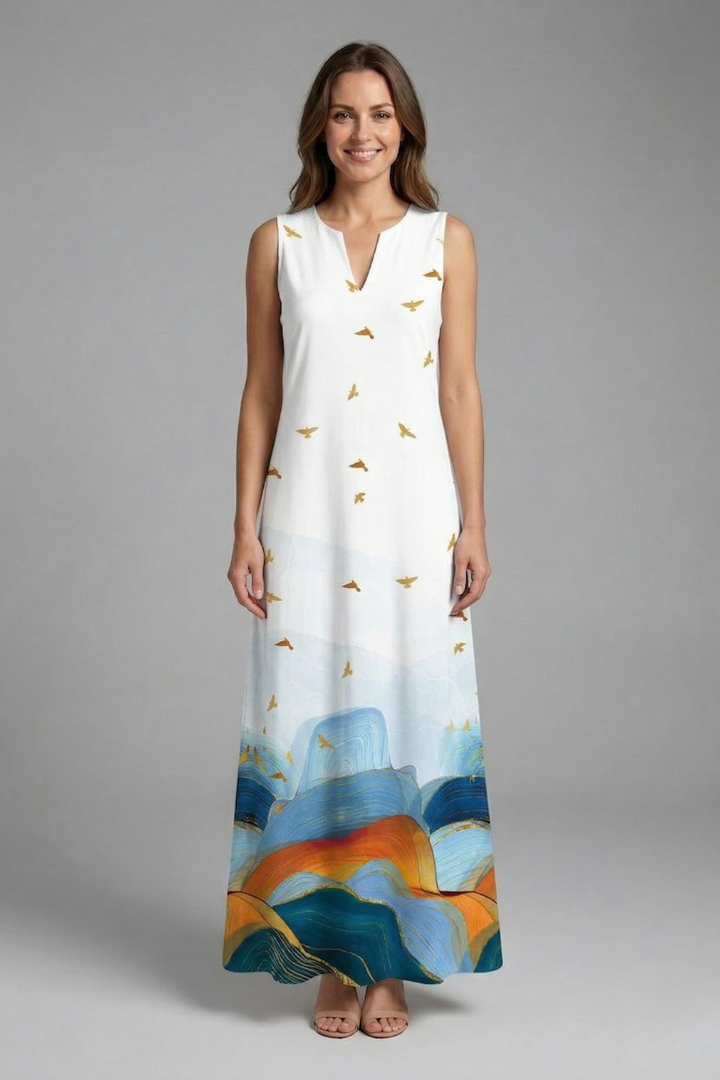 Vestito maxi donna con apertura allo scollo e taglio senza maniche