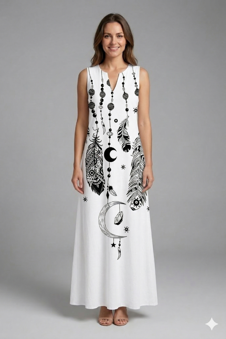 Vestito maxi donna con apertura allo scollo e taglio senza maniche