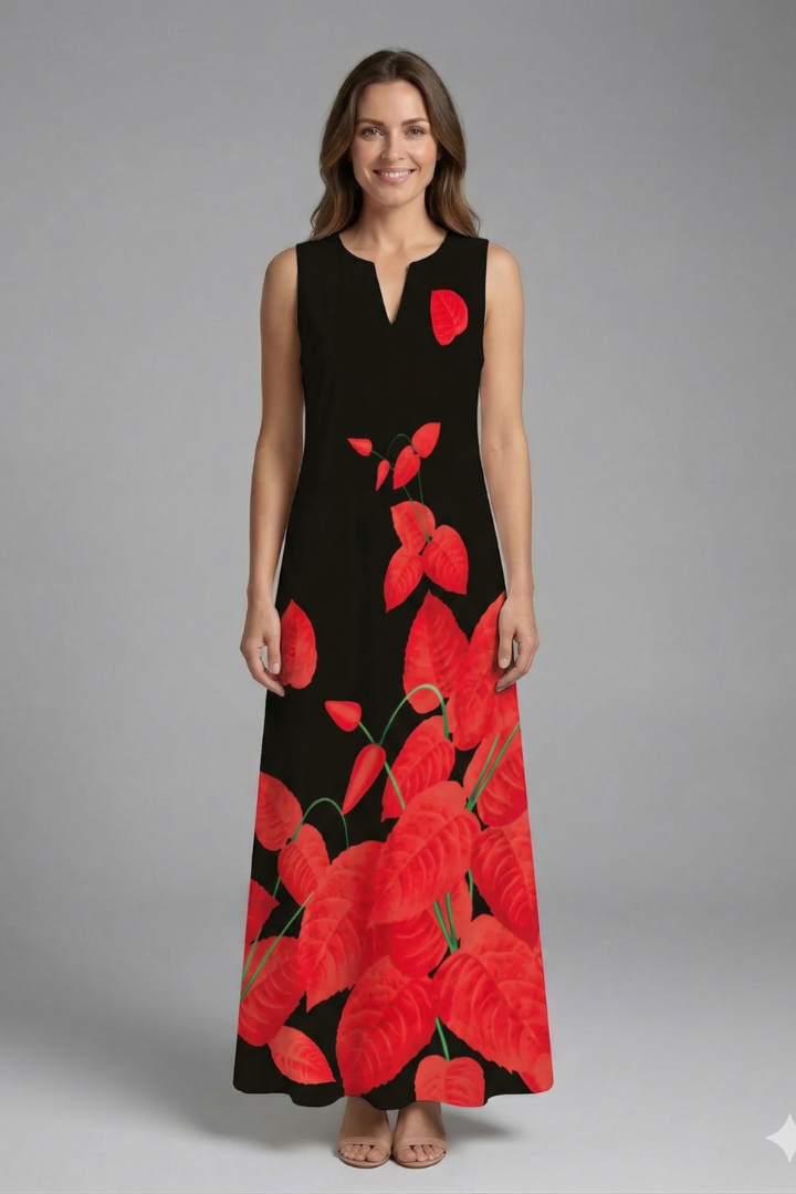 Vestito maxi donna con apertura allo scollo e taglio senza maniche