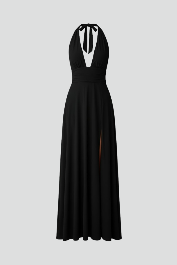 Robe maxi femme col à nouer et fente