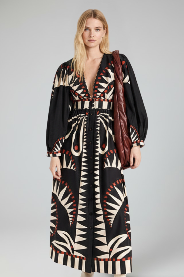 Vestito lungo donna con scollo a V e maniche lunghe