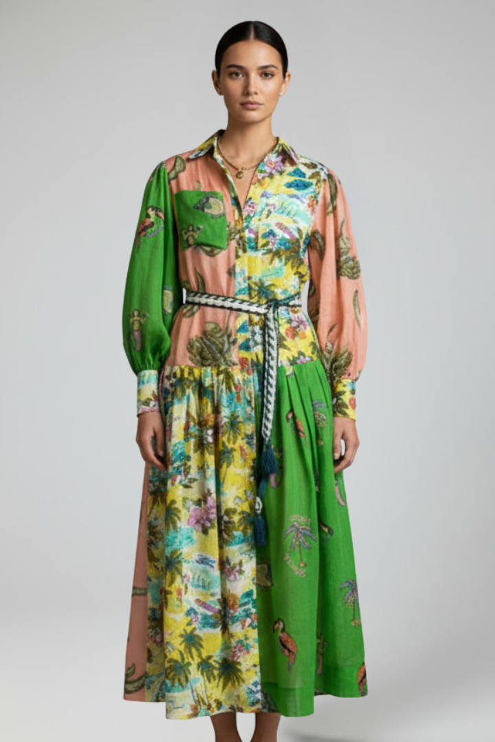 Vestito lungo donna con scollo a V e maniche lunghe