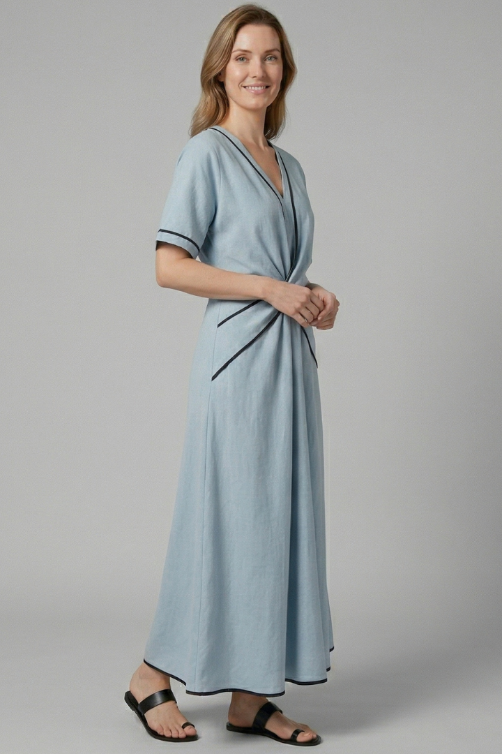 Vestito maxi donna con scollo a V e vita drappeggiata