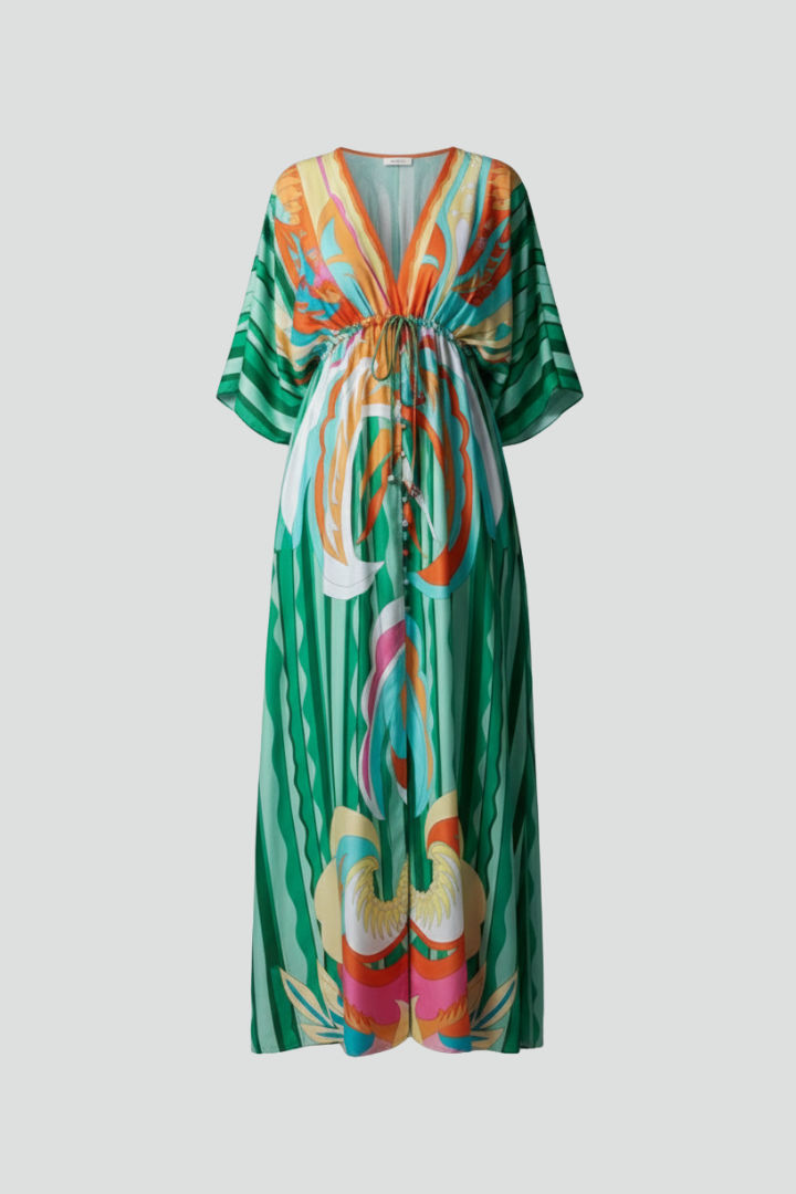 Damska Sukienka Maxi z Dekoltem V i Wiązaniem w Talii - Zielony