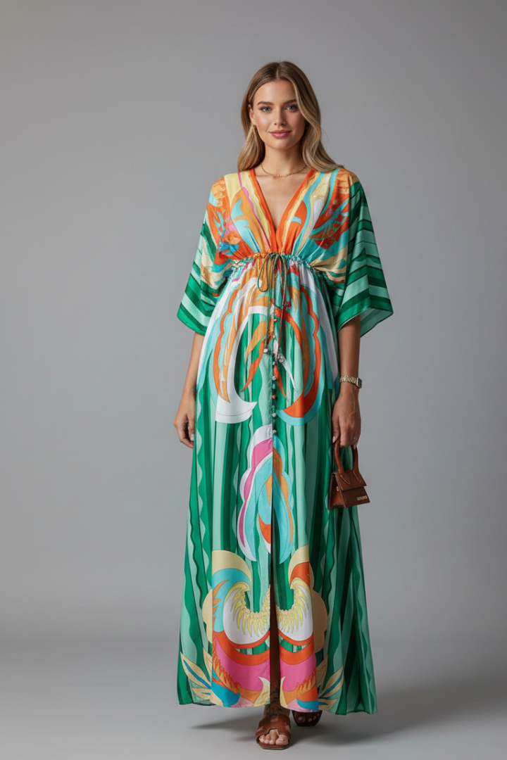 Damska Sukienka Maxi z Dekoltem V i Wiązaniem w Talii