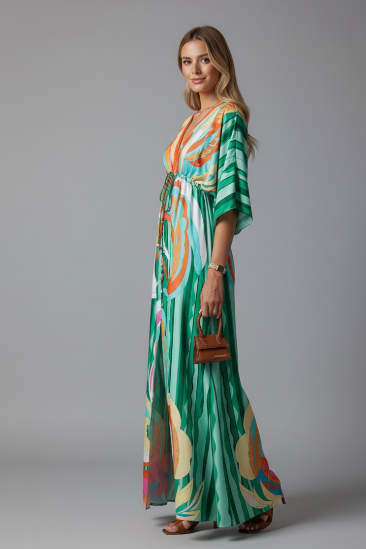 Vestido maxi de mujer con escote en V y lazada en la cintura