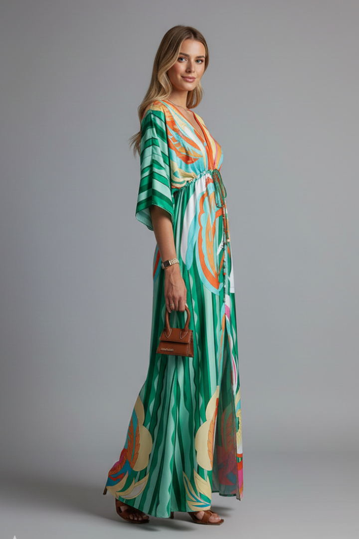 Vestido maxi de mujer con escote en V y lazada en la cintura