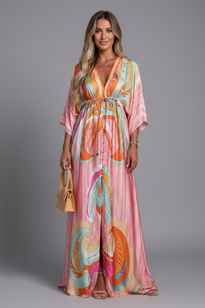Vestido maxi de mujer con escote en V y lazada en la cintura