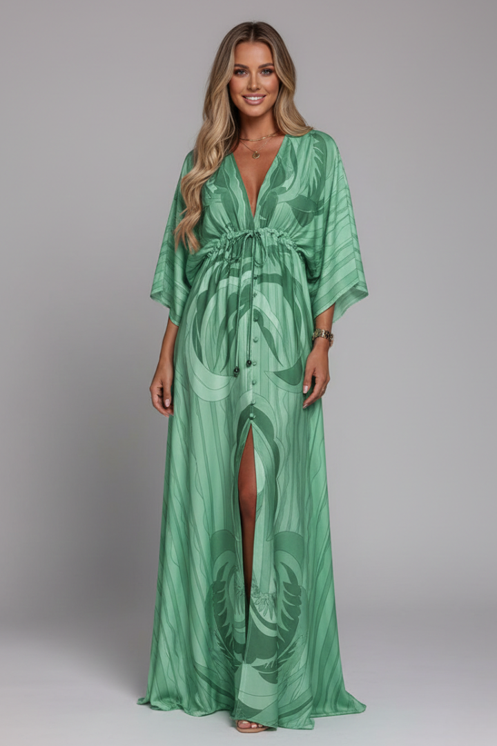 Vestido maxi de mujer con escote en V y lazada en la cintura
