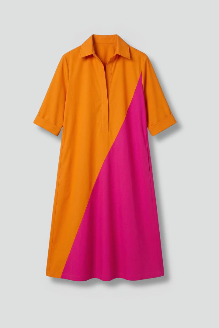 Vestido midi de mulher com gola clássica e mangas curtas