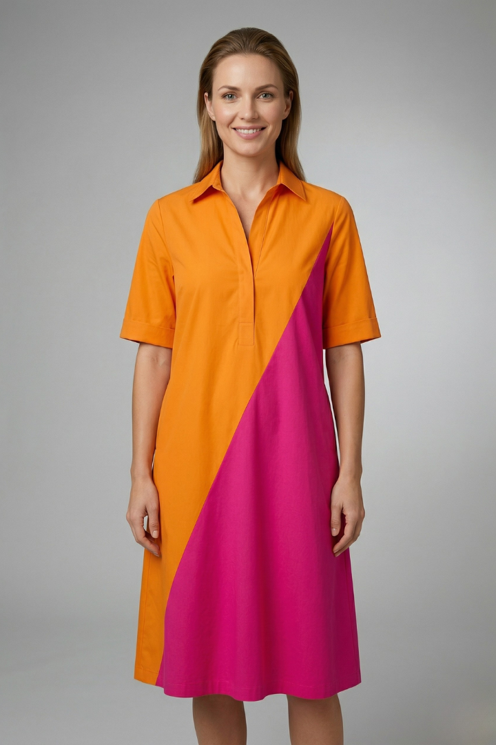 Vestido midi de mulher com gola clássica e mangas curtas