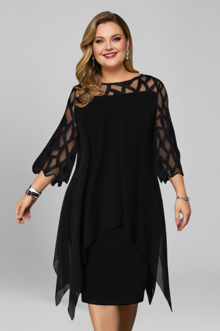 Vestito midi donna maniche scavate orlo asimmetrico