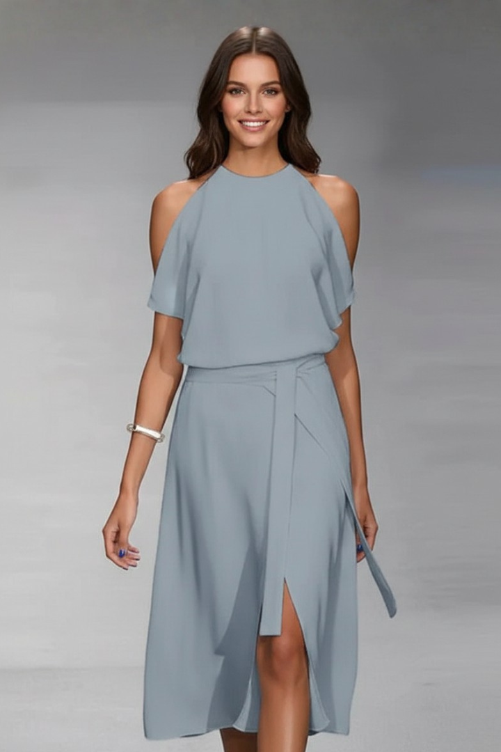 Vestito midi donna scollo halter e orlo asimmetrico