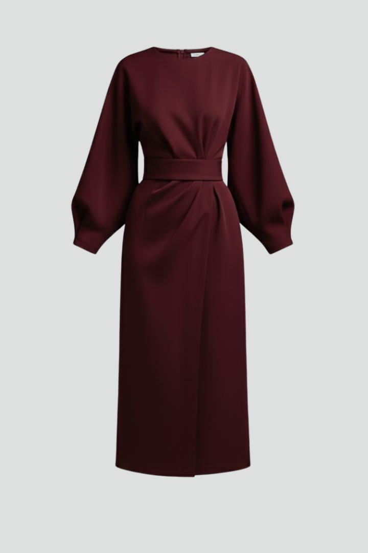 Damska Sukienka Midi i Lampionowymi Rękawami i Paskiem - Bordowy