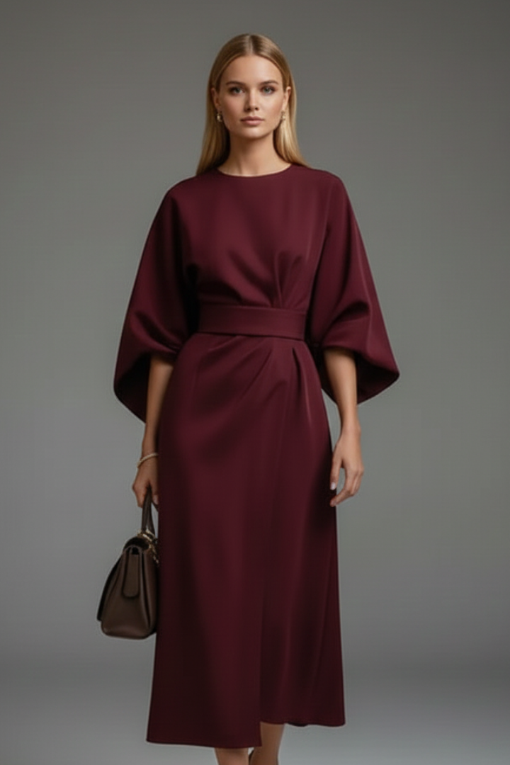 Damska Sukienka Midi i Lampionowymi Rękawami i Paskiem - Bordowy