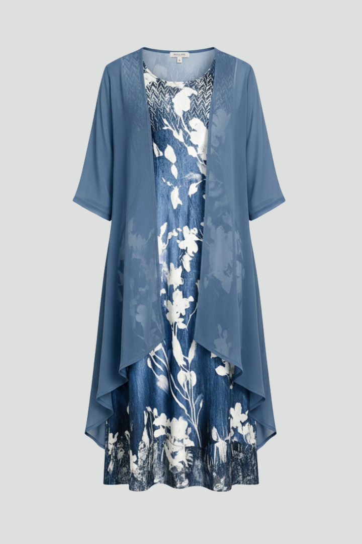 Damska Sukienka Midi ze Wzorem z Otwartym Kardiganem - Niebieski