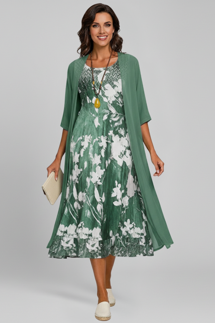 Damska Sukienka Midi ze Wzorem z Otwartym Kardiganem - Zielony