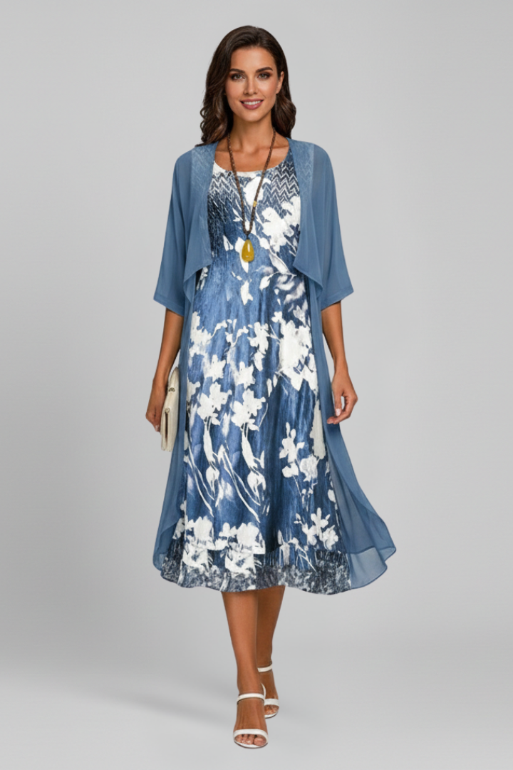 Damska Sukienka Midi ze Wzorem z Otwartym Kardiganem - Niebieski