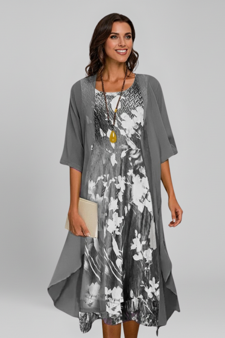Midikjole til damer med mønster og åben cardigan