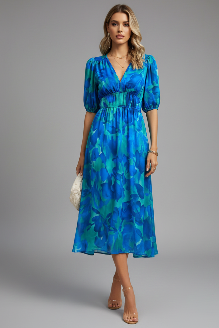 Vestido midi de mujer con mangas abullonadas y estampado floral