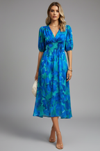 Vestido midi de mujer con mangas abullonadas y estampado floral