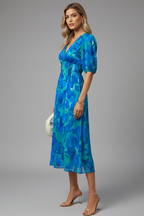 Vestido midi de mujer con mangas abullonadas y estampado floral