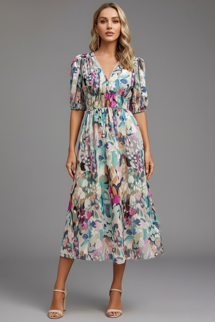 Vestido midi de mujer con mangas abullonadas y estampado floral