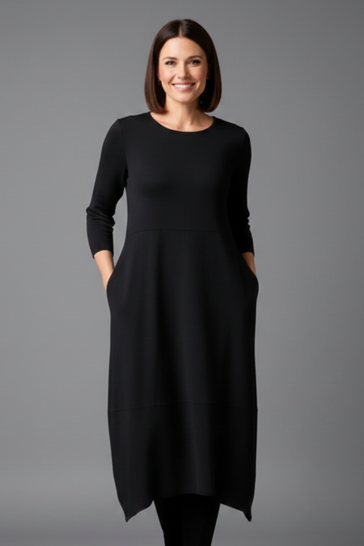 Vestido midi de mulher com decote redondo e mangas compridas 2