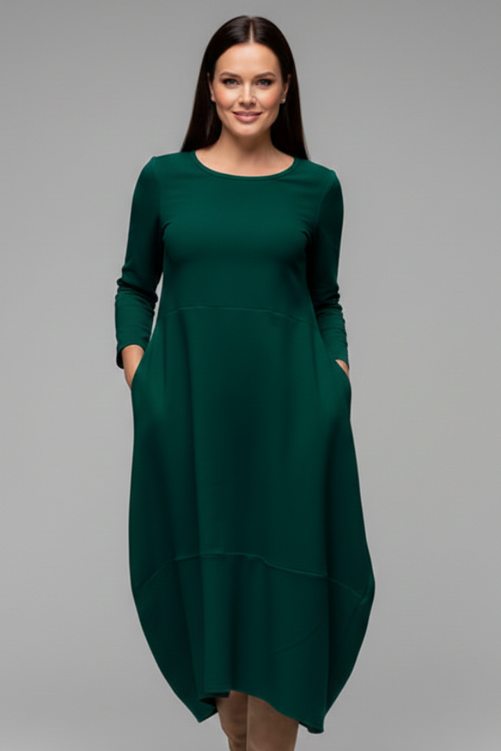 Vestido midi de mulher com decote redondo e mangas compridas 2