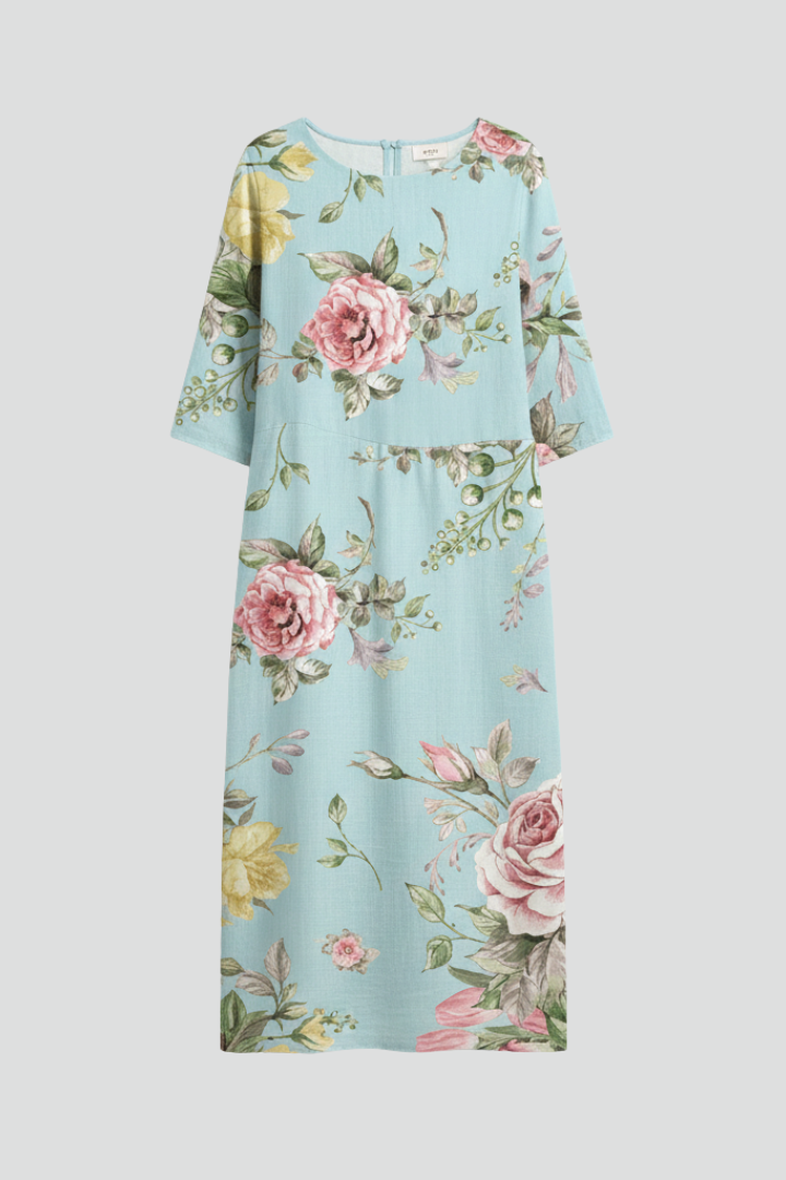 Midikjole til damer med rund hals og blomstermønster