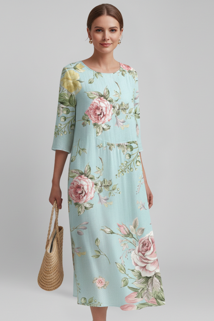 Midikjole til damer med rund hals og blomstermønster