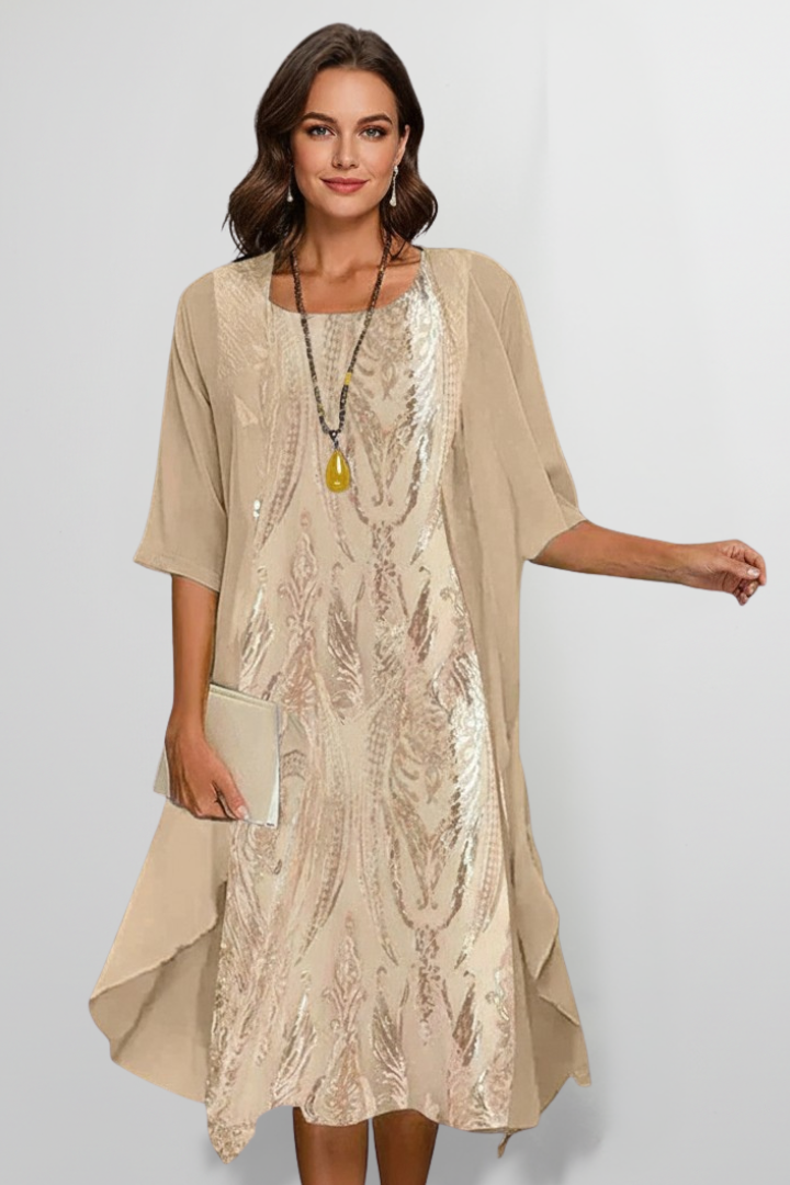 Vestido midi de mulher com decote redondo e mangas curtas 3