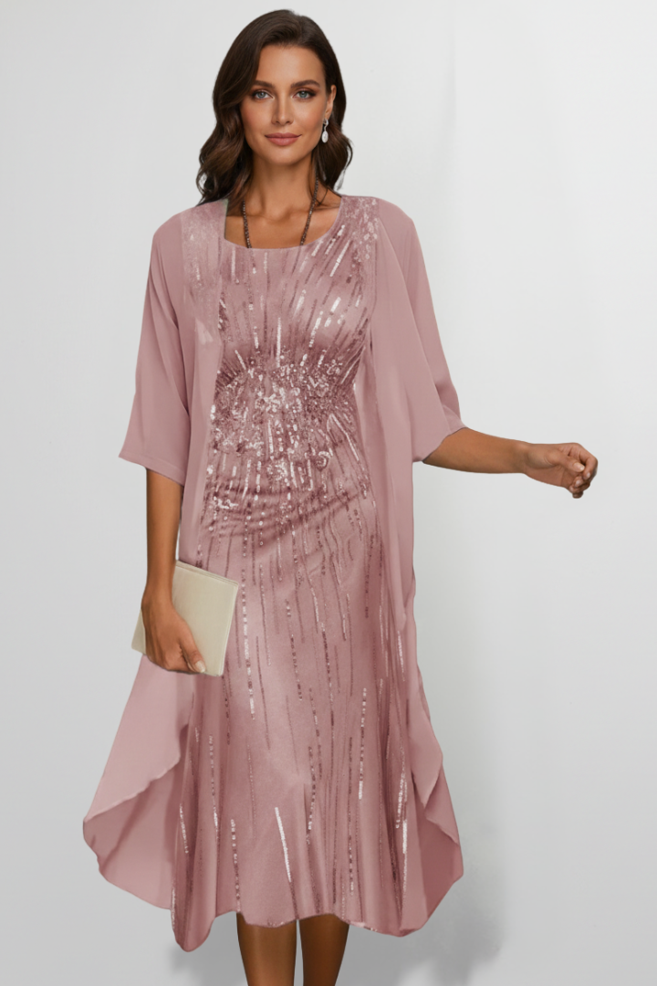 Vestido midi de mulher com decote redondo e mangas curtas 3
