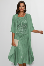 Vestido midi de mulher com decote redondo e mangas curtas 3