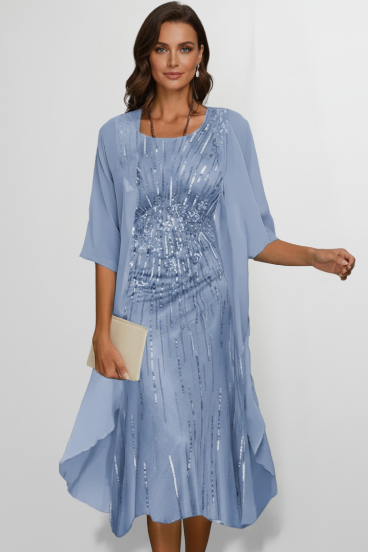 Vestido midi de mulher com decote redondo e mangas curtas 3