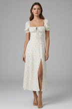 Robe midi femme à col carré et manches bouffantes