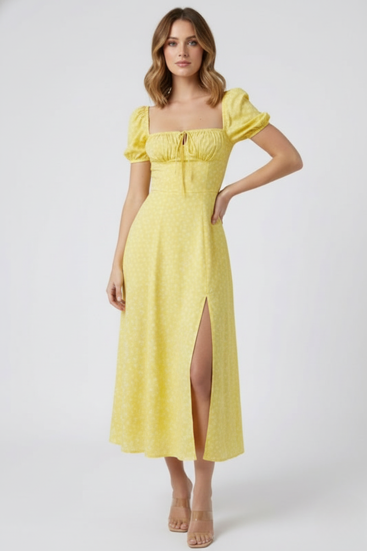 Robe midi femme à col carré et manches bouffantes