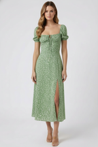 Robe midi femme à col carré et manches bouffantes